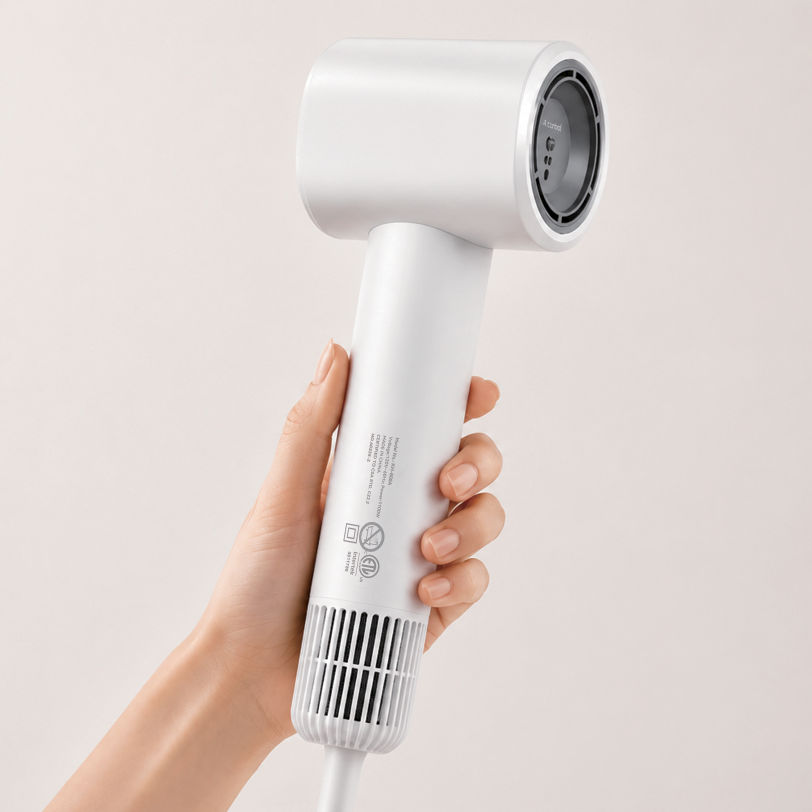 A hand holding a sleek, white cordless hair dryer against a soft, light beige background.