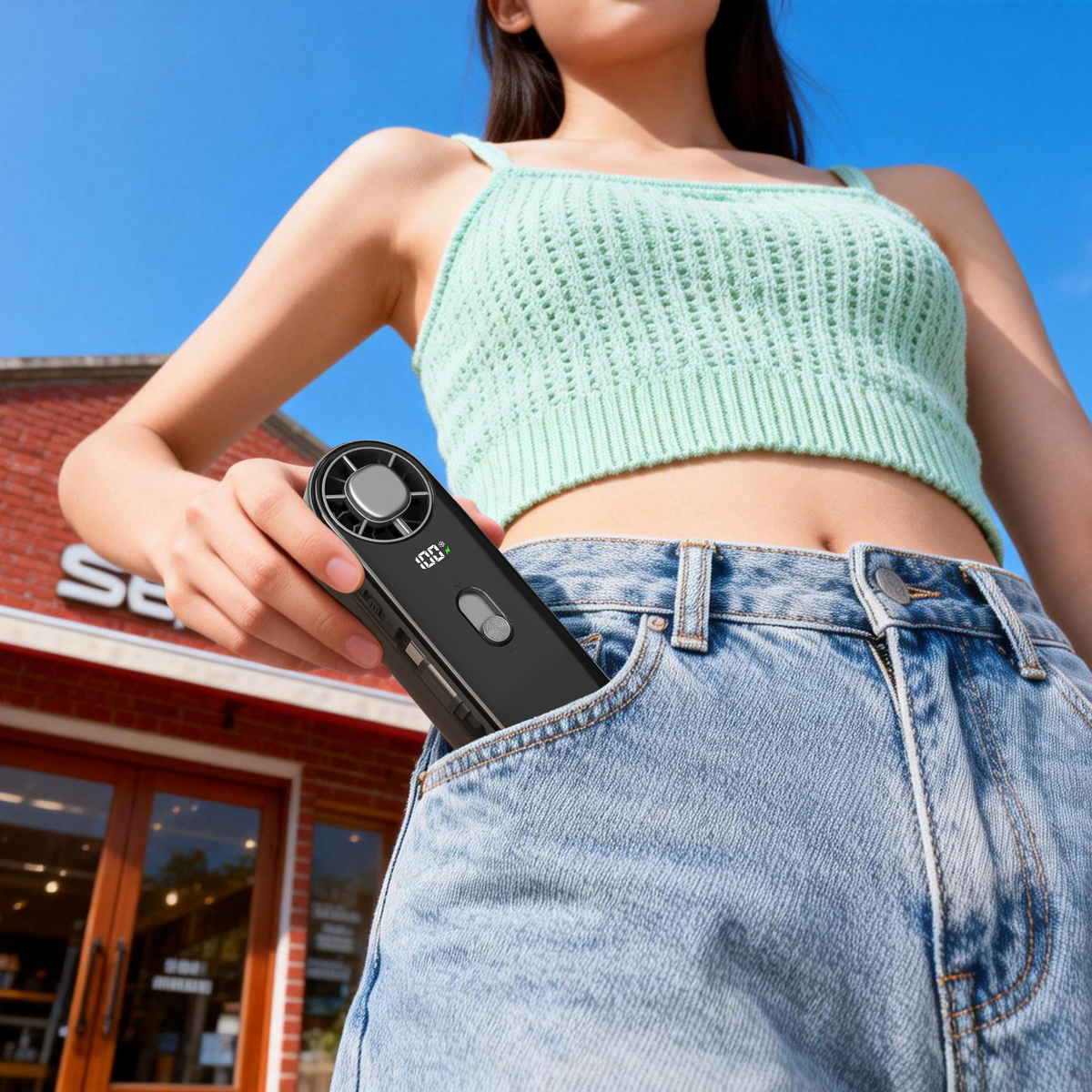 A woman outdoors in a mint green knit crop top and blue jeans pockets a black handheld circular device with a visible LED light and small printed logo. A brick storefront and blue sky are in the background.