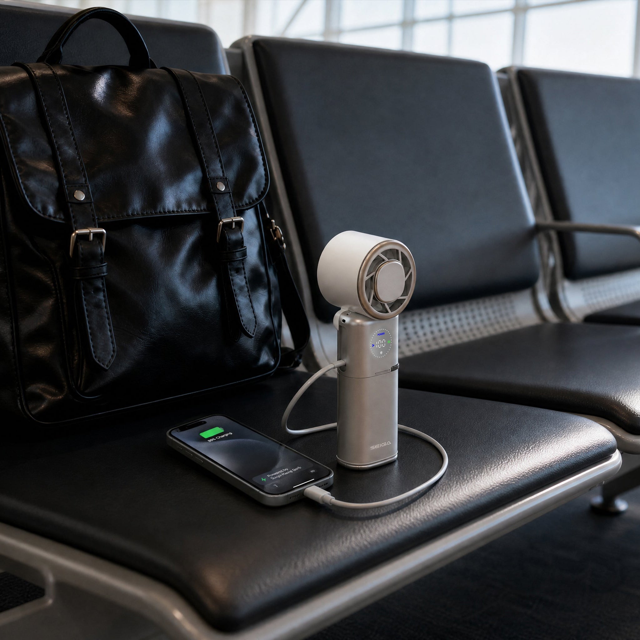 A portable white and silver handheld fan connected to a smartphone via a charging cable, placed on a black airport-style seating bench next to a black leather backpack.