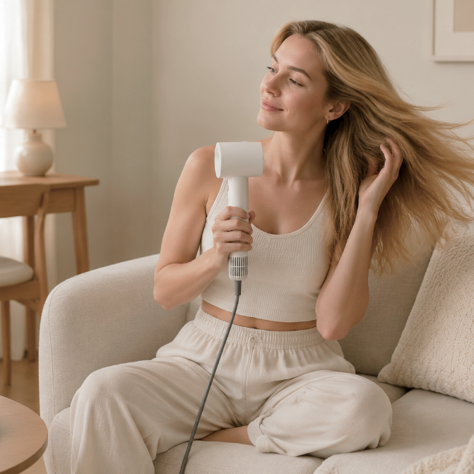 A woman sits on a cream sofa in a bright, neutral-toned room, using a white hair dryer on her blonde hair. She is wearing a matching cream tank top and sweatpants.