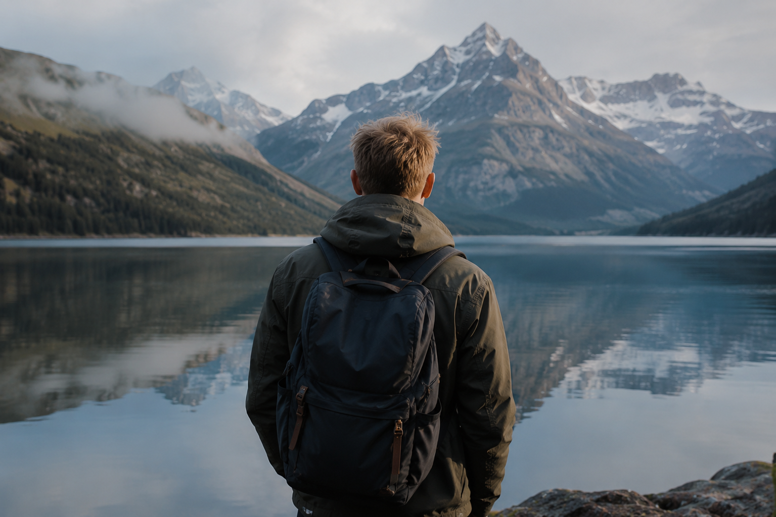 A man seen from behind wearing a dark olive green hooded jacket and a black backpack, standing on a rocky shore and looking out at a calm mountain lake with snow-capped peaks in the distance.