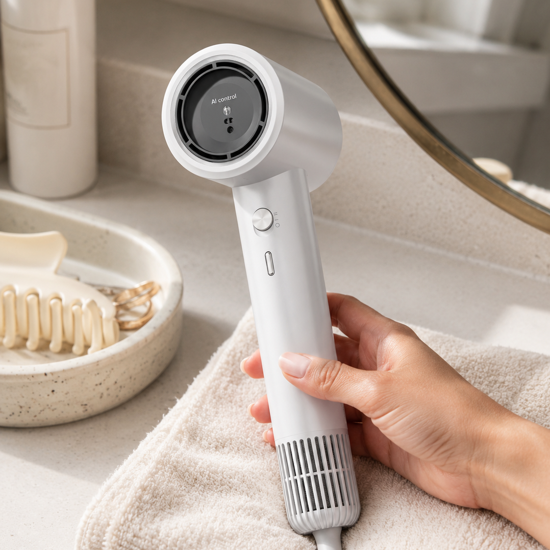 A hand holding a white hair dryer with a black circular filter grille, positioned over a beige towel on a bathroom counter with a mirror and toiletries in the background.