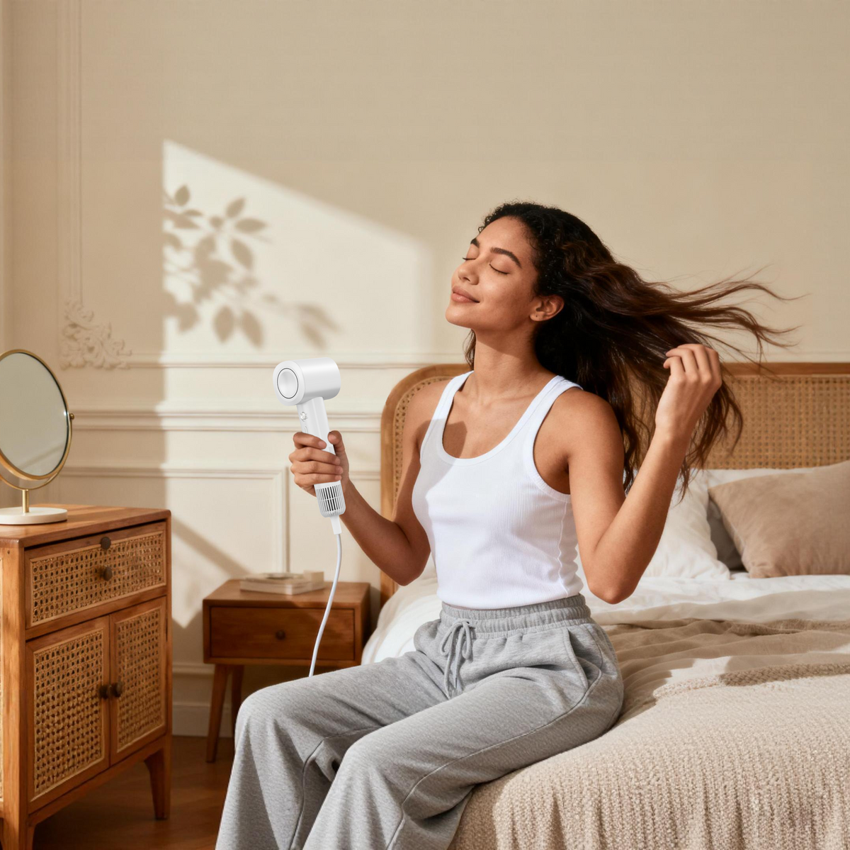 A woman sits on a bed in a sunlit bedroom, holding a white hair dryer. The room has warm cream walls, a rattan headboard, a wooden nightstand with a round mirror, and soft shadows cast across the wall and bedding.