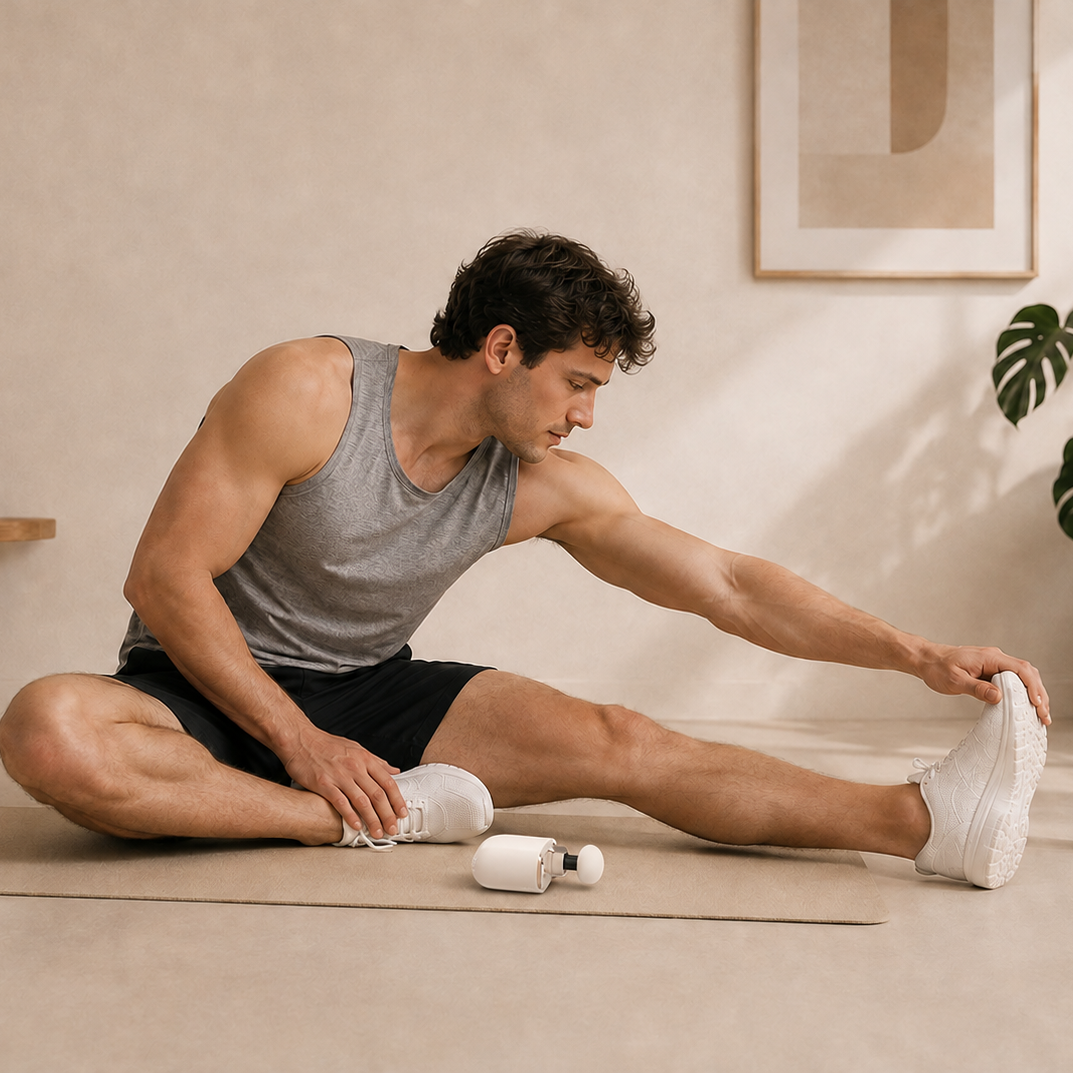 A man in a gray tank top and black shorts sits on a yoga mat stretching his leg, with a white athletic bandage wrapped around his foot. The scene is set in a warm, minimalist room with a potted plant, a small wooden bench, and a water bottle.