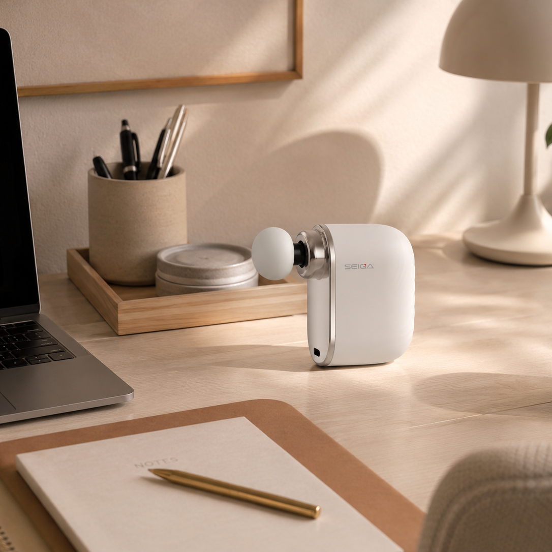 A white handheld facial cleansing brush with a silver neck and white round head sits on a warm-toned wooden desk surrounded by lifestyle props including a laptop, notebook, lamp, and plant.