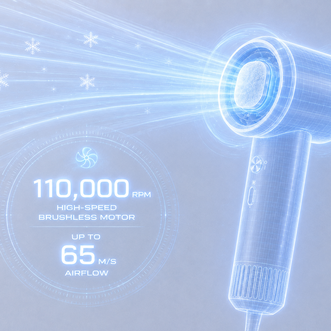 A stylized blue digital rendering of a handheld hair dryer with glowing light effects and text highlighting 110,000 RPM brushless motor performance and up to 65 m/s airflow.