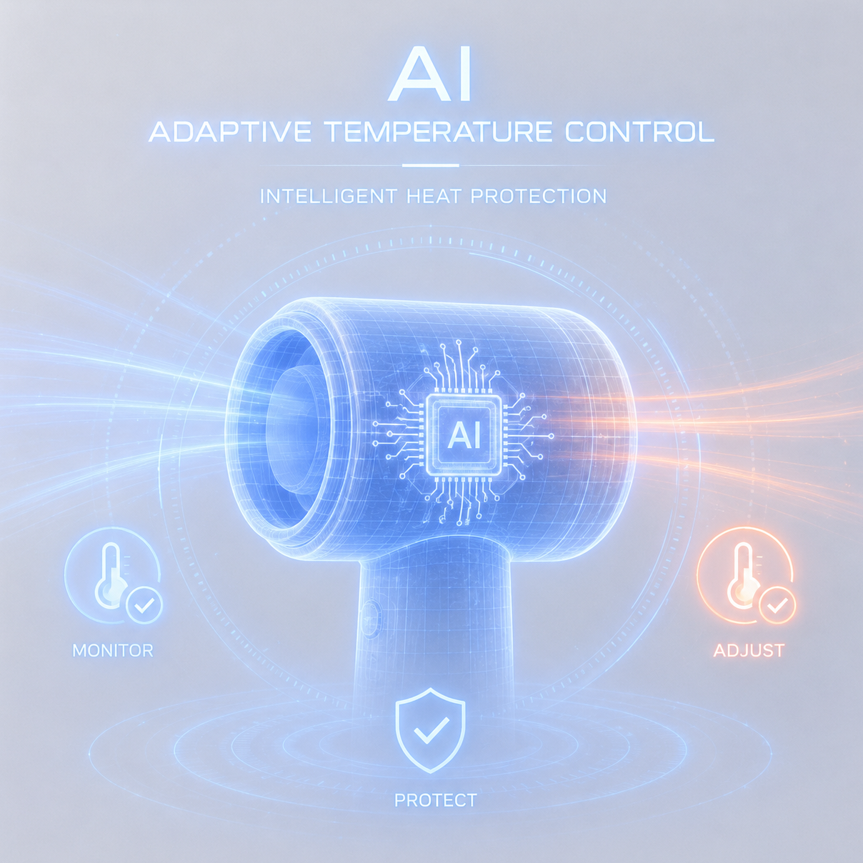 A stylized promotional graphic for a handheld fan or air device with glowing blue and orange digital overlays. The central object has an AI chip icon on the front and surrounding text reads 'AI', 'ADAPTIVE TEMPERATURE CONTROL', 'INTELLIGENT HEAT PROTECTION', 'MONITOR', 'ADJUST', and 'PROTECT'.