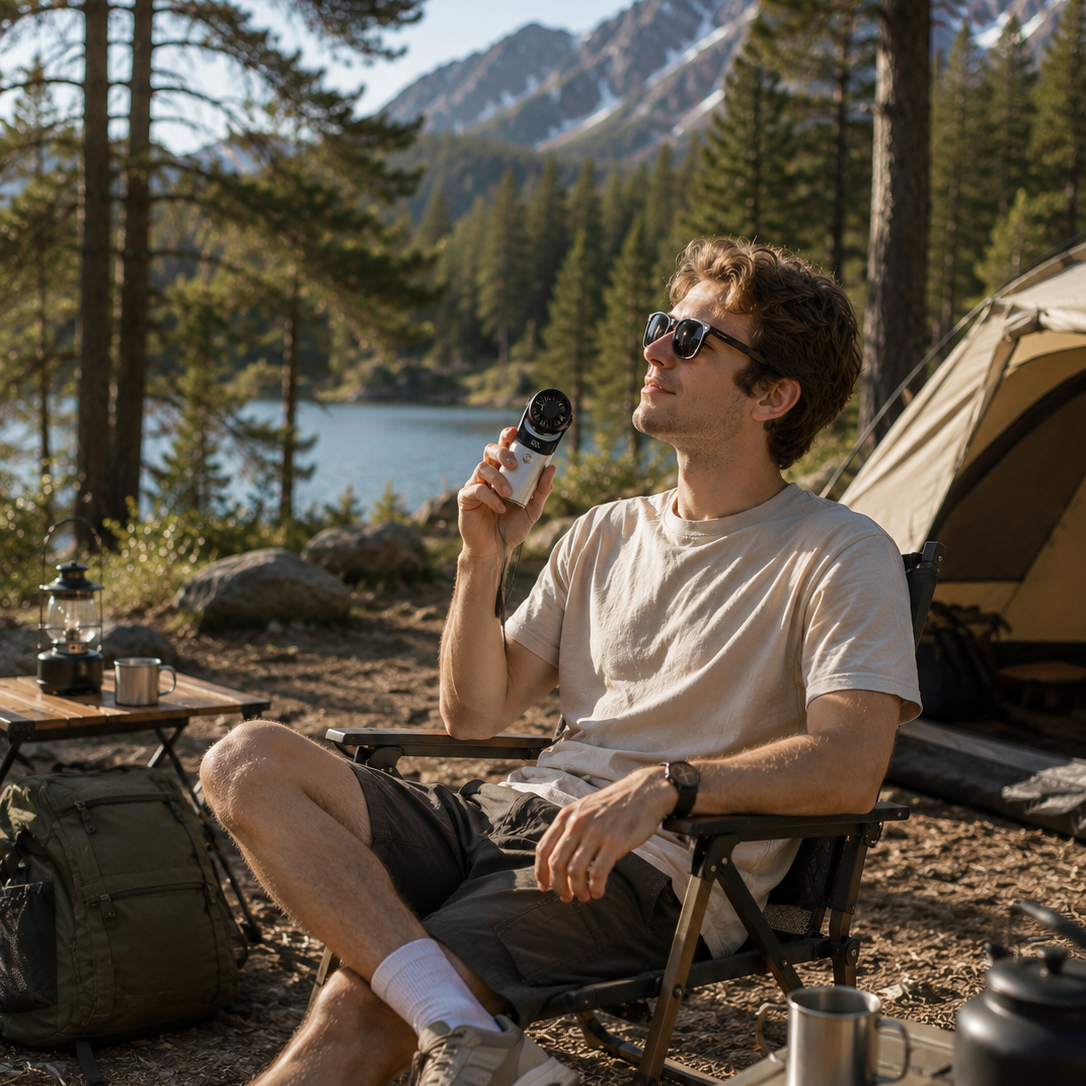 A man sits in a folding camp chair at a lakeside mountain campsite, holding a small bottle and looking upward. A tan tent, trees, lake, and mountains are visible in the background, with camping gear including a backpack, mug, and kettle around him.