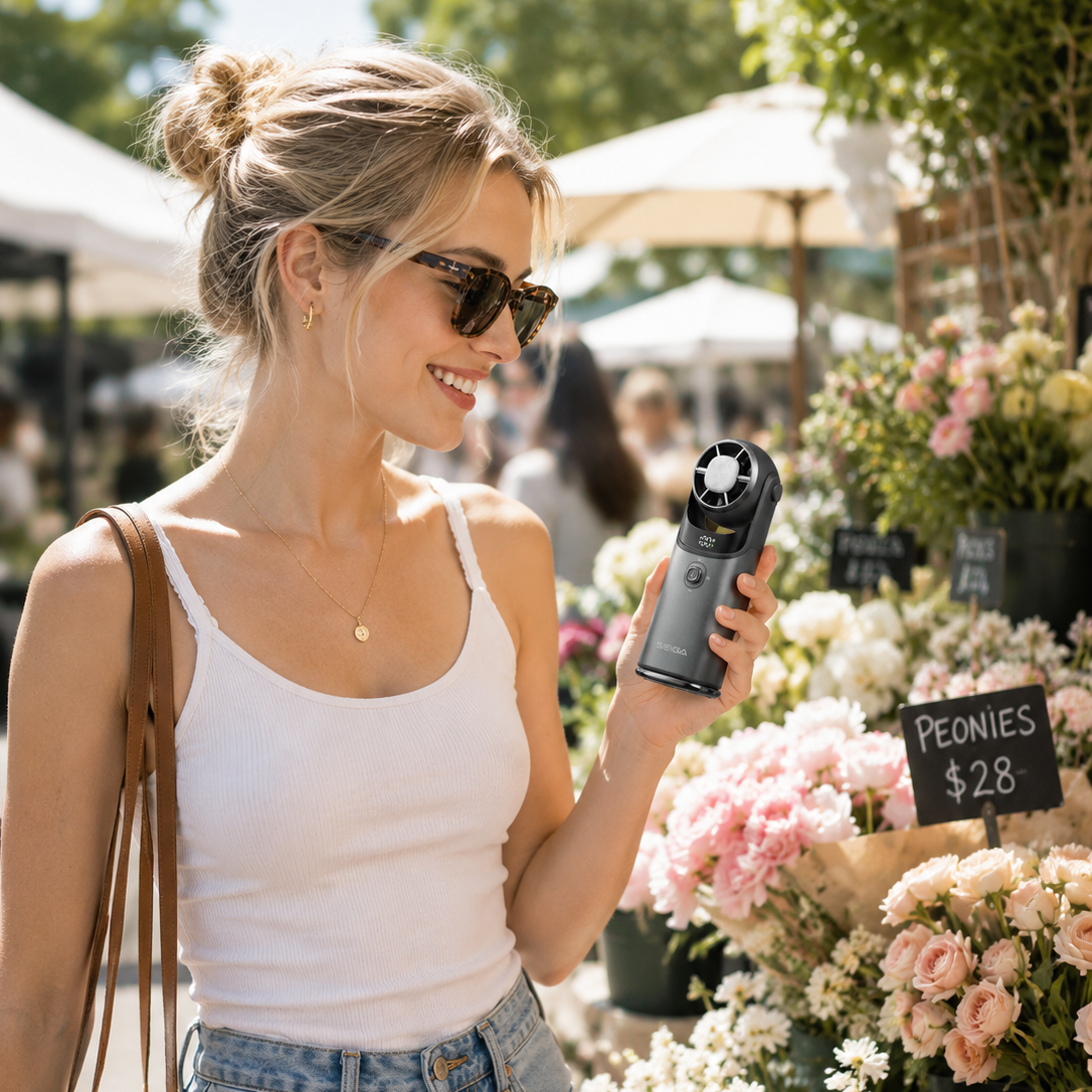 A woman wearing sunglasses and a white tank top stands at a flower market stall, holding a small black handheld fan. Bouquets of pink peonies and white flowers are displayed in front of her, with market umbrellas and other shoppers blurred in the background.