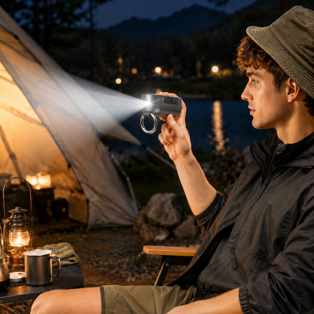 A man sitting in a camp chair at night by a lake, holding a portable projector flashlight that casts a bright beam toward the tent. A lantern, mug, and camping setup are visible in the scene.