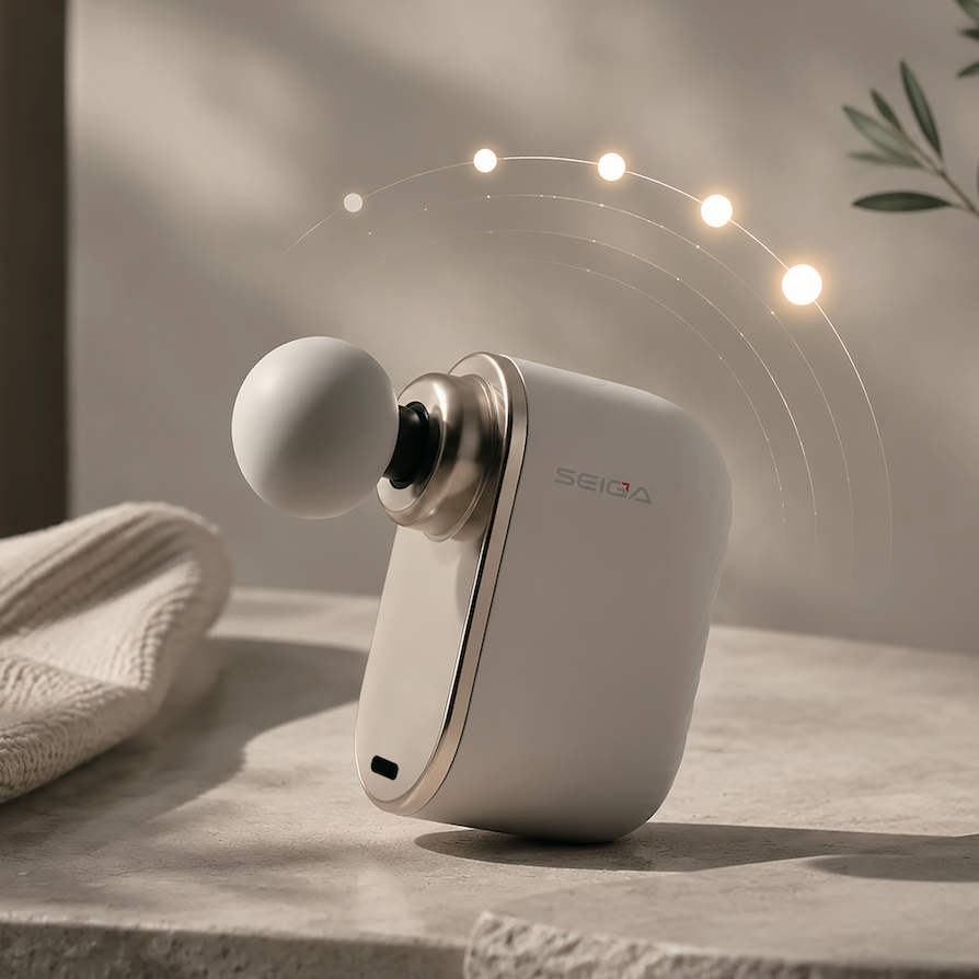 A white and gold handheld beauty device with a spherical applicator head, shown on a stone tabletop with soft warm lighting, a folded cream towel, and a vase in the background.