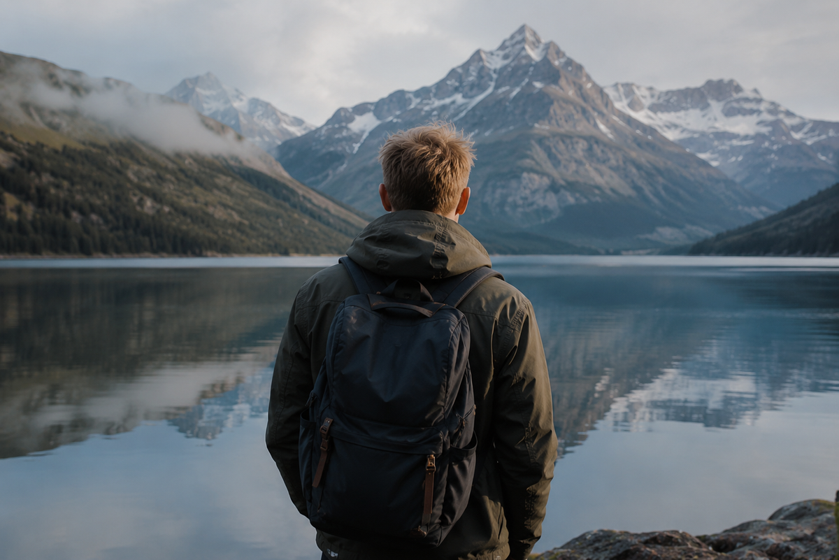 A man seen from behind wearing a dark olive green hooded jacket and a black backpack, standing on a rocky shore and looking out at a calm mountain lake with snow-capped peaks in the distance.