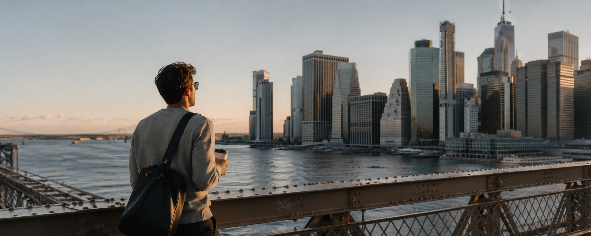 A man wearing a light gray blazer and black bag stands on a bridge overlooking a city skyline at sunset, with water and tall buildings in the background.